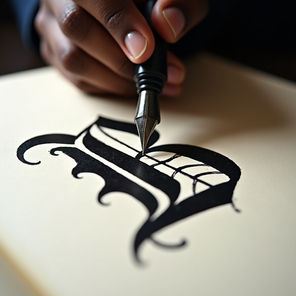 Broad-nib calligraphy pen creating bold gothic letterforms on cream practice paper
