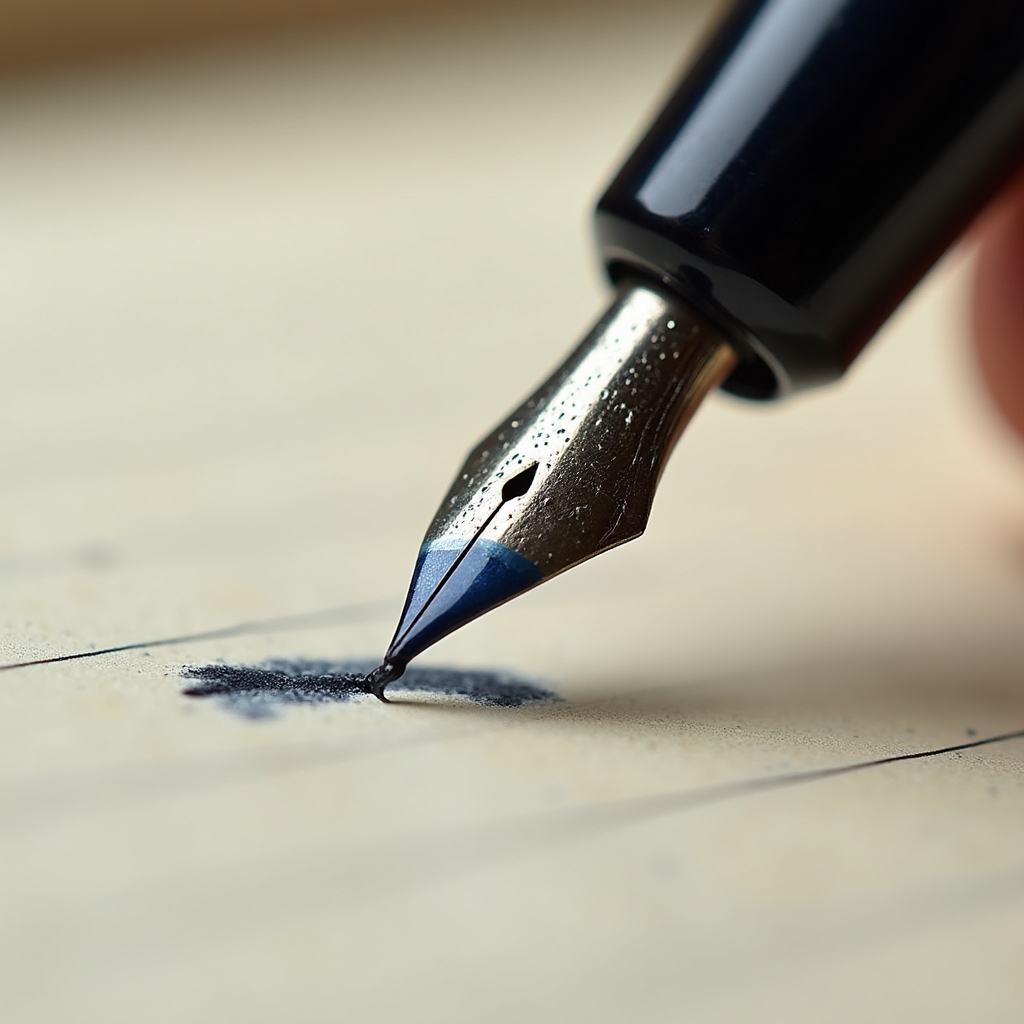 Close-up of a pointed pen nib touching paper with ink forming elegant letterforms