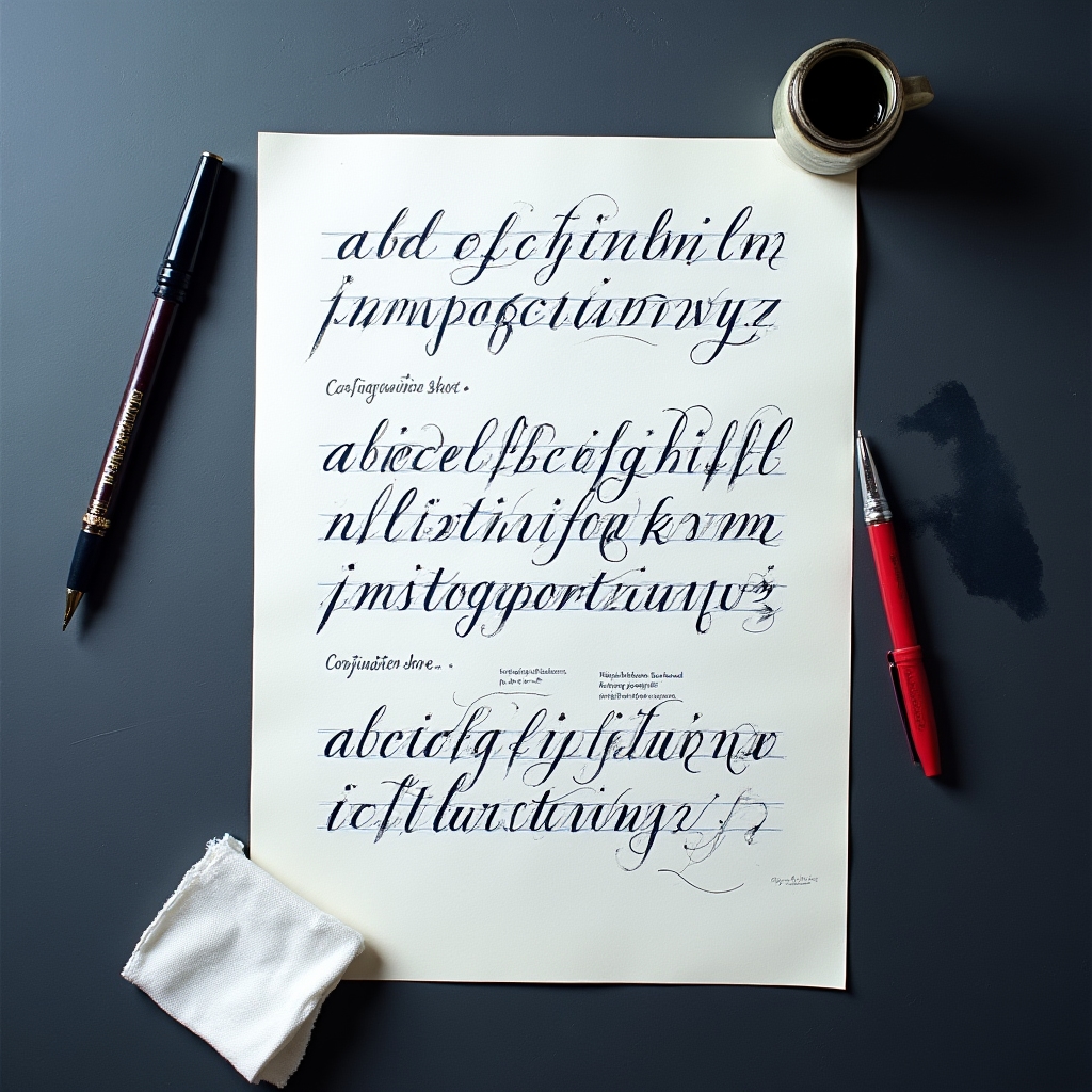 Student calligraphy practice sheet showing repeated alphabet exercises in copperplate style