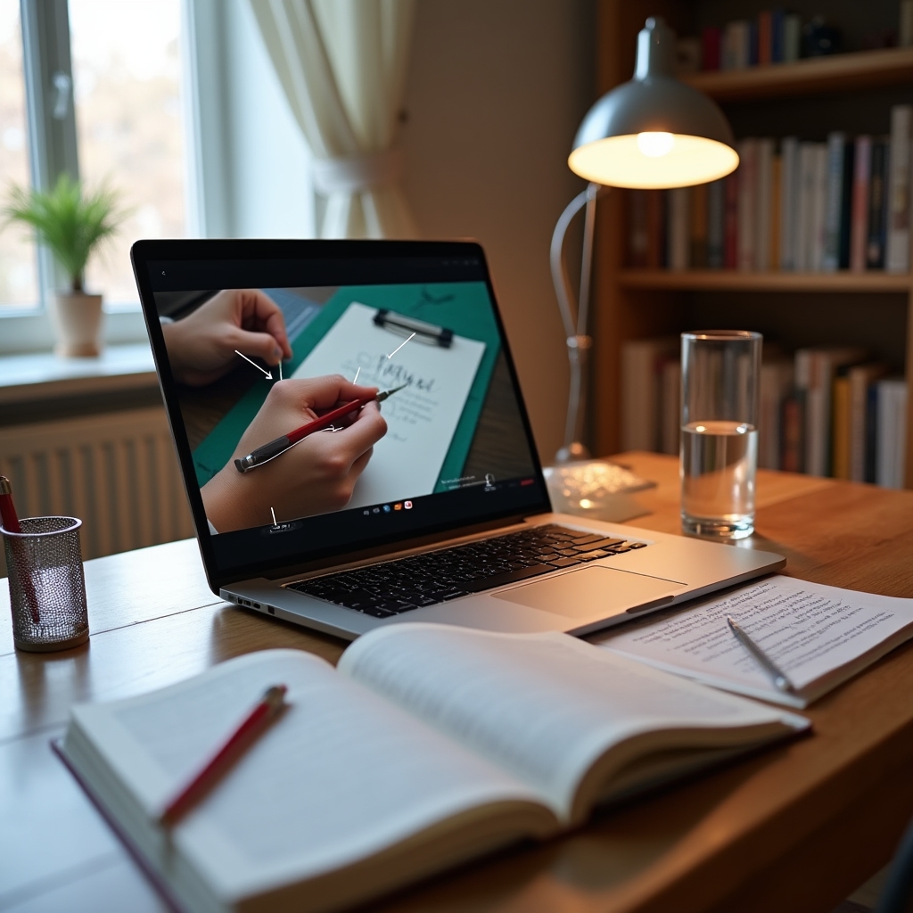 Laptop screen showing a calligraphy video lesson with instructor demonstrating pen angle and stroke technique