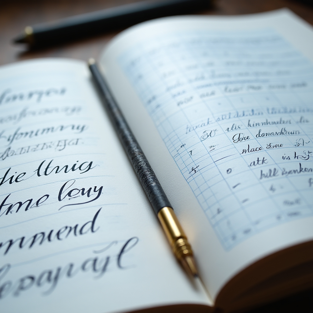 Detailed view of calligraphy workbook pages showing letter spacing guides and practice grids