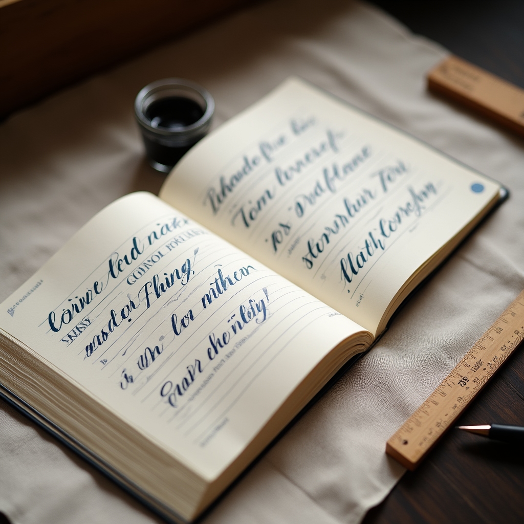 Open calligraphy workbook showing practice exercises and alphabet guides